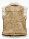 Rear view of tan suede shearling vest showing horizontal yoke panel and vertical center seam. The Vail by Maverick Jacket.