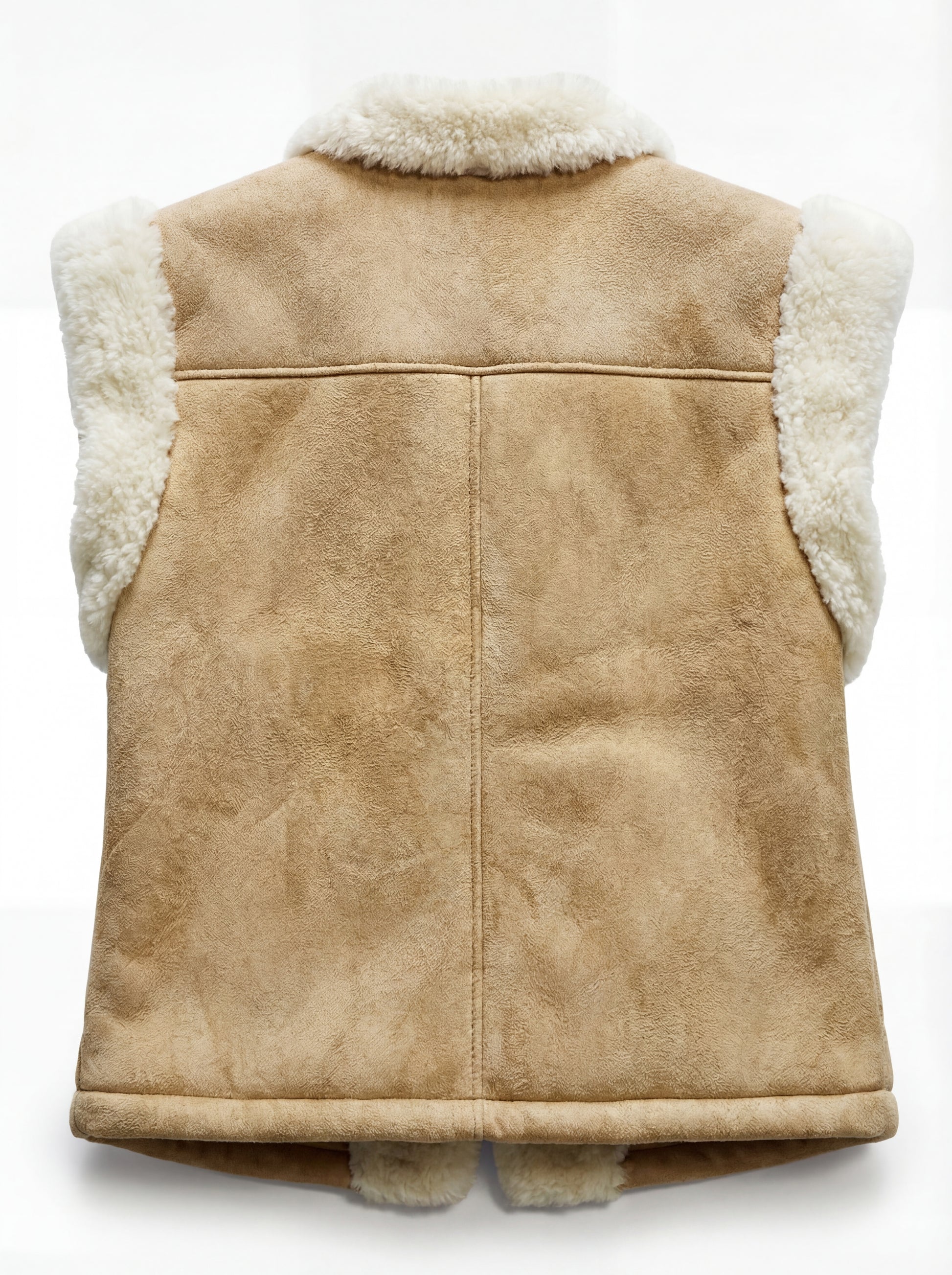 Rear view of tan suede shearling vest showing horizontal yoke panel and vertical center seam. The Vail by Maverick Jacket.