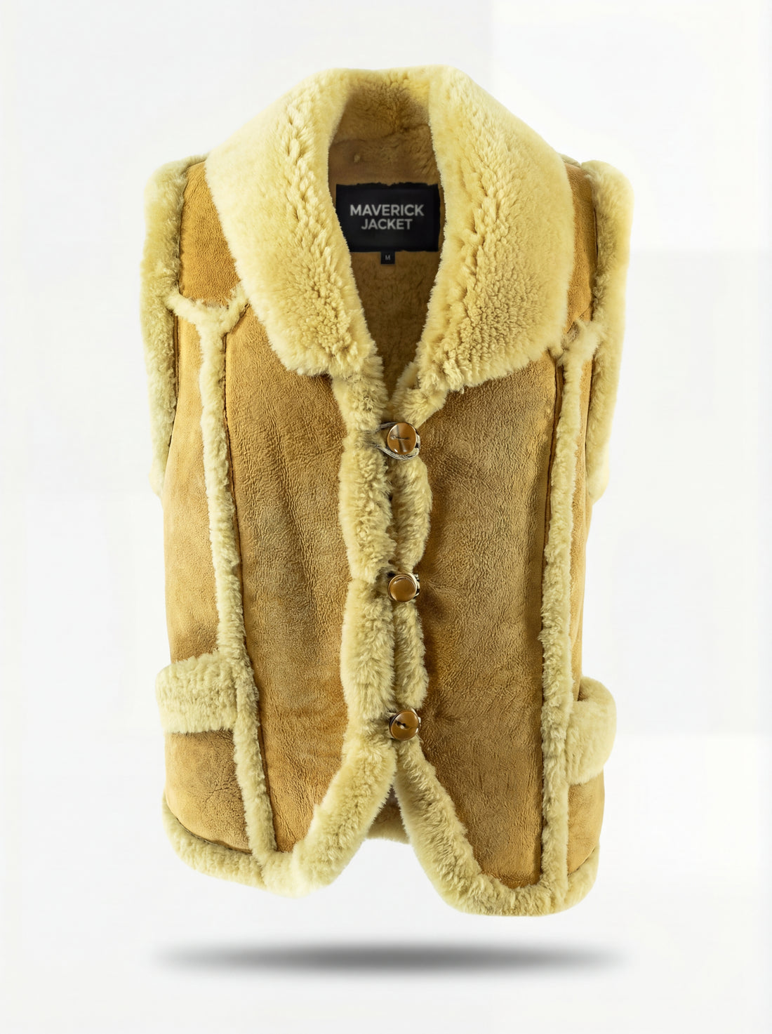 Women's camel suede shearling vest with thick cream wool trim and button front closure, Front View. The Camel by Maverick Jacket.