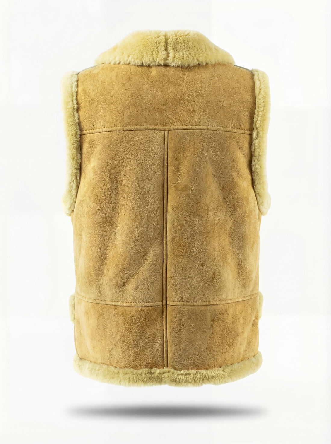 Women's camel suede shearling vest with thick cream wool trim and button front closure, Front View. The Camel by Maverick Jacket.