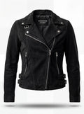 Women's black suede biker jacket with asymmetrical silver zipper and adjustable side waist buckles, Front View. The Eclipse by Maverick Jacket.