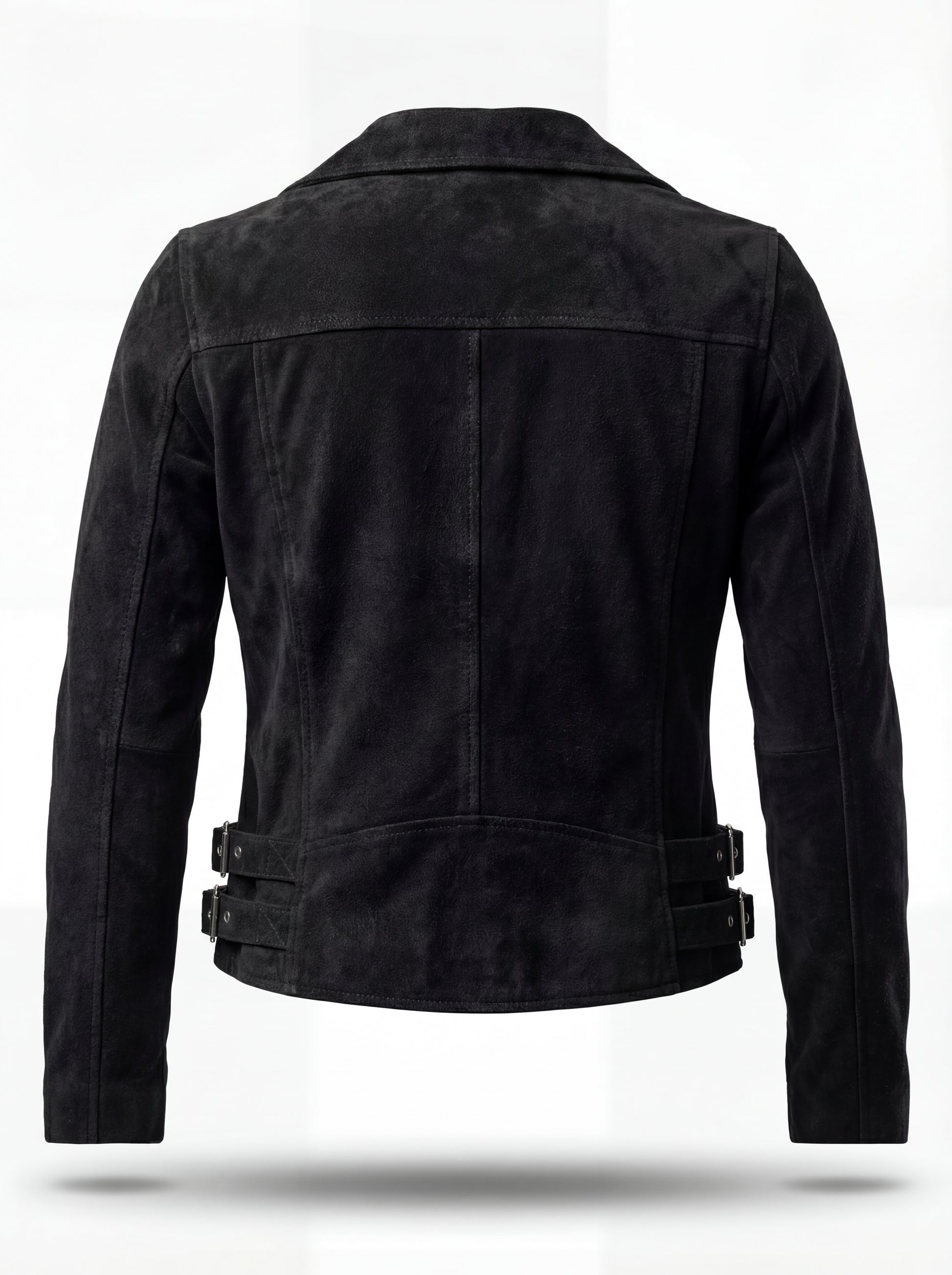 Rear view of black suede biker jacket showing horizontal yoke panel and vertical center seam construction. The Eclipse by Maverick Jacket.