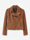 Women's tan suede biker jacket with asymmetrical silver zipper and notched lapels, Front View. The Montana by Maverick Jacket.
