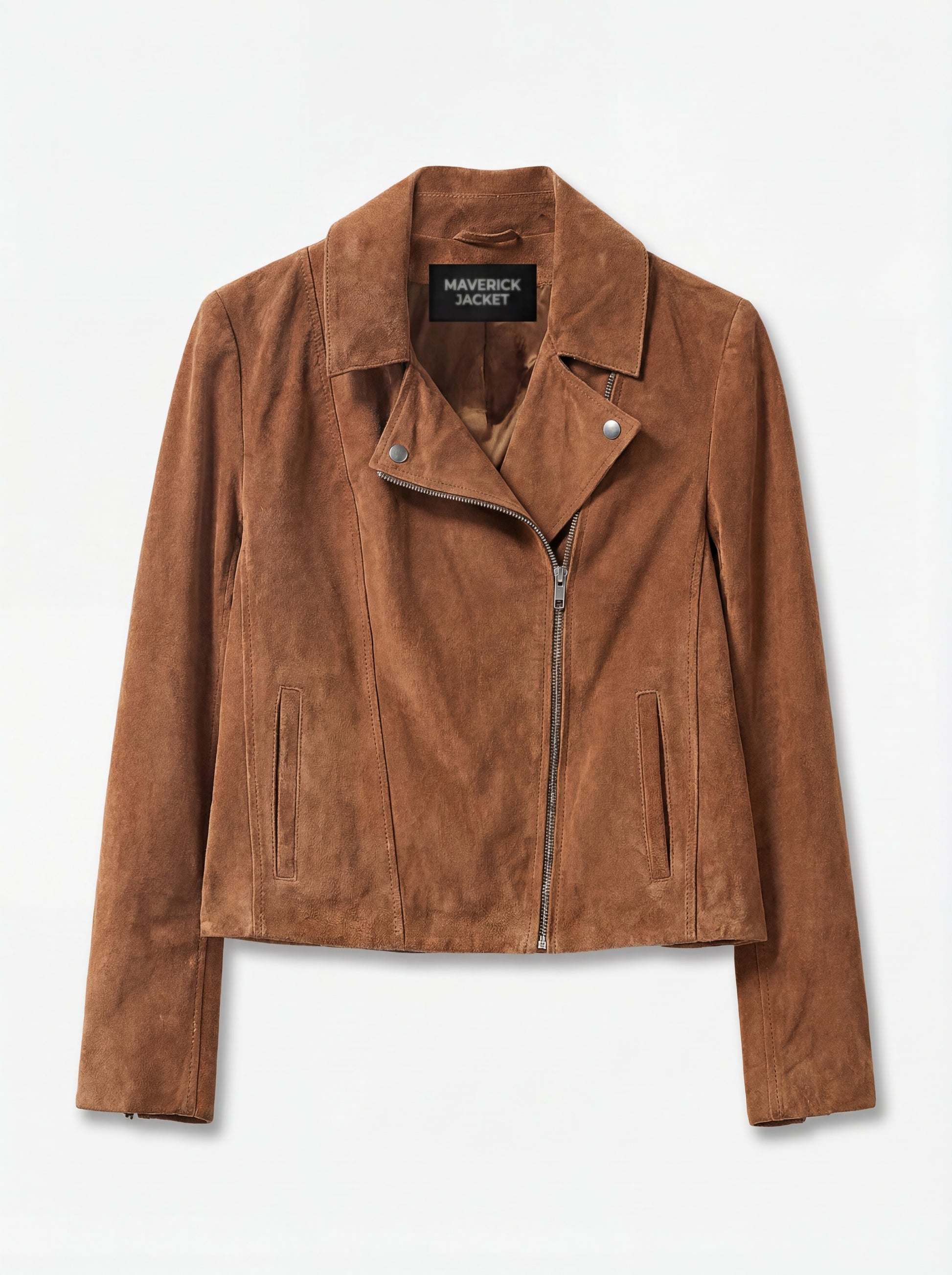 Women's tan suede biker jacket with asymmetrical silver zipper and notched lapels, Front View. The Montana by Maverick Jacket.