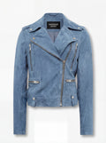 Women's blue suede biker jacket with asymmetric silver zipper and notched lapels, Front View. The Azure by Maverick Jacket.