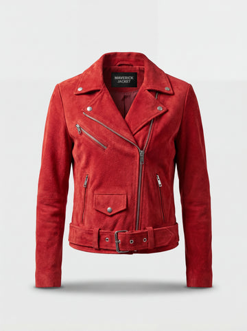 Women's red suede biker jacket with asymmetrical silver zipper and adjustable waist belt, Front View. The Ember by Maverick Jacket.