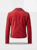 Rear view of red suede biker jacket showing horizontal yoke panel and vertical center seam construction. The Ember by Maverick Jacket.