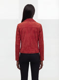 Rear view of female model wearing Maverick Ember suede jacket showing structured shoulder fit and belted hem styling. Maverick Jacket.