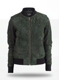 Women's green suede bomber jacket with black ribbed collar and hem, Front View. The Willow by Maverick Jacket.