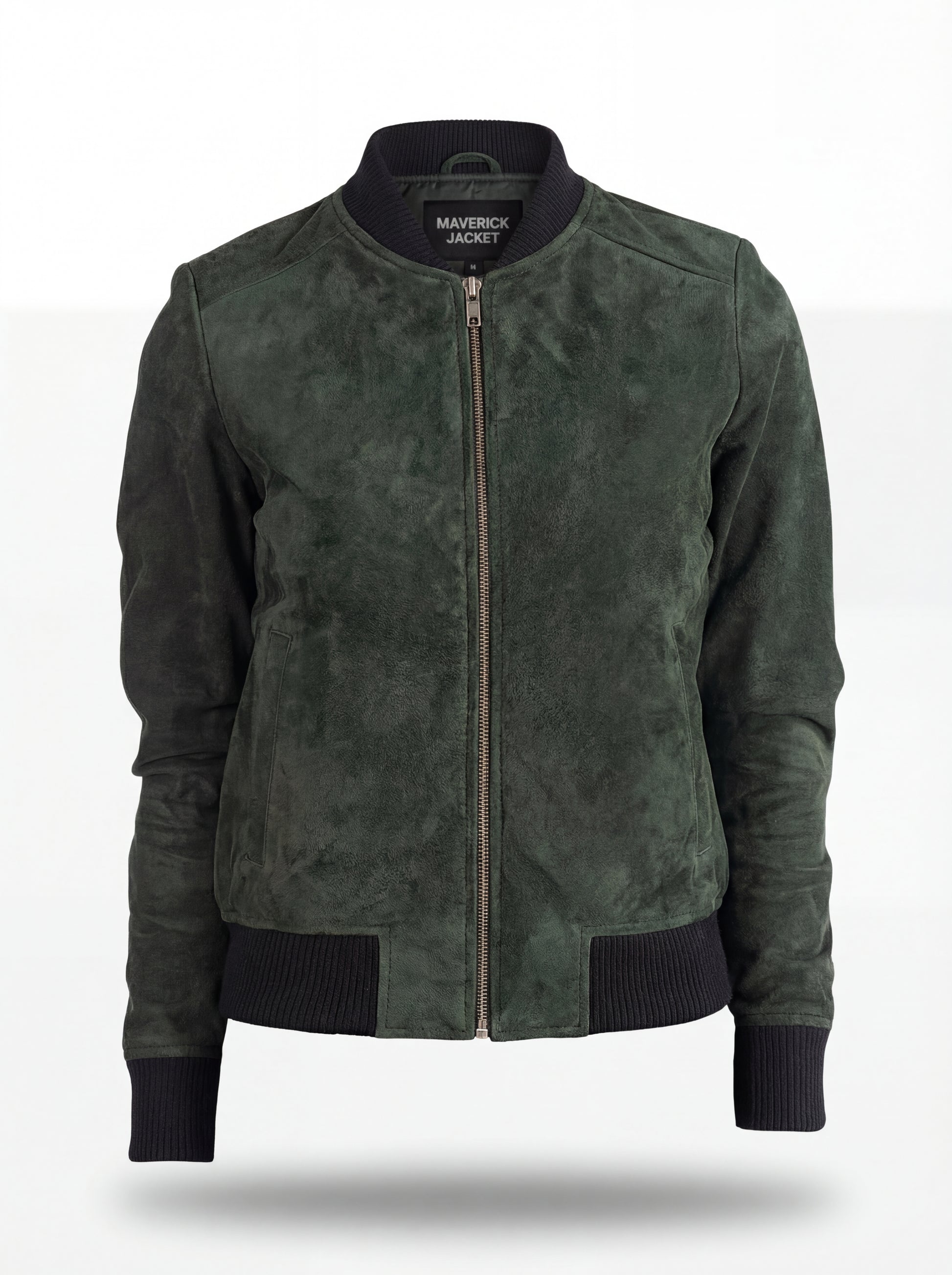 Women's green suede bomber jacket with black ribbed collar and hem, Front View. The Willow by Maverick Jacket.