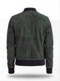 Rear view of green suede bomber jacket showing vertical center seam and structured back paneling. The Willow by Maverick Jacket.