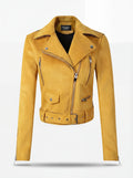 Women's yellow suede biker jacket with asymmetrical silver zipper and adjustable waist belt, Front View. The Citrine by Maverick Jacket.