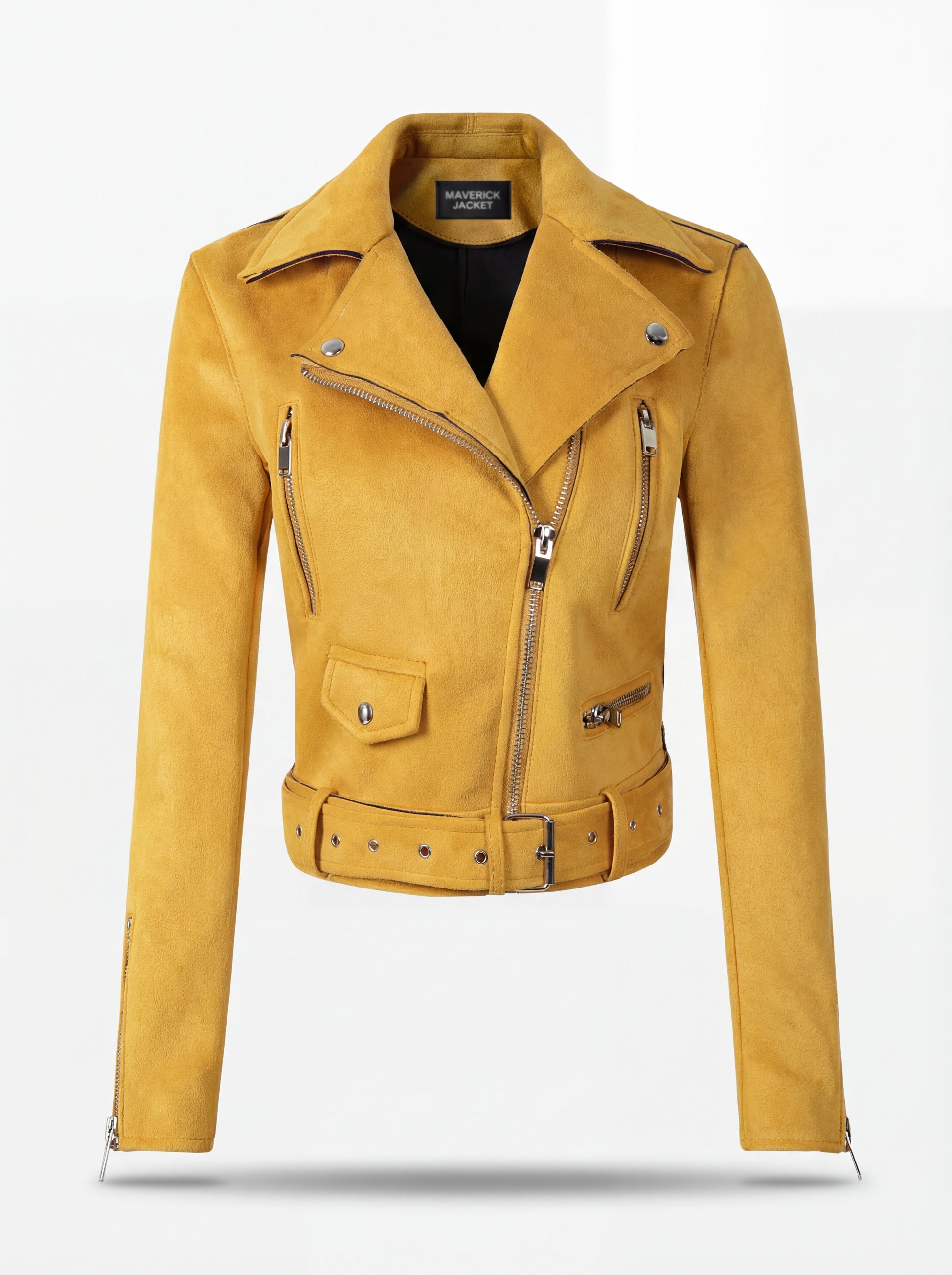 Women's yellow suede biker jacket with asymmetrical silver zipper and adjustable waist belt, Front View. The Citrine by Maverick Jacket.