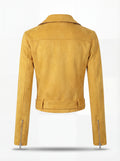 Rear view of yellow suede biker jacket showing horizontal yoke panel and vertical seam construction. The Citrine by Maverick Jacket.