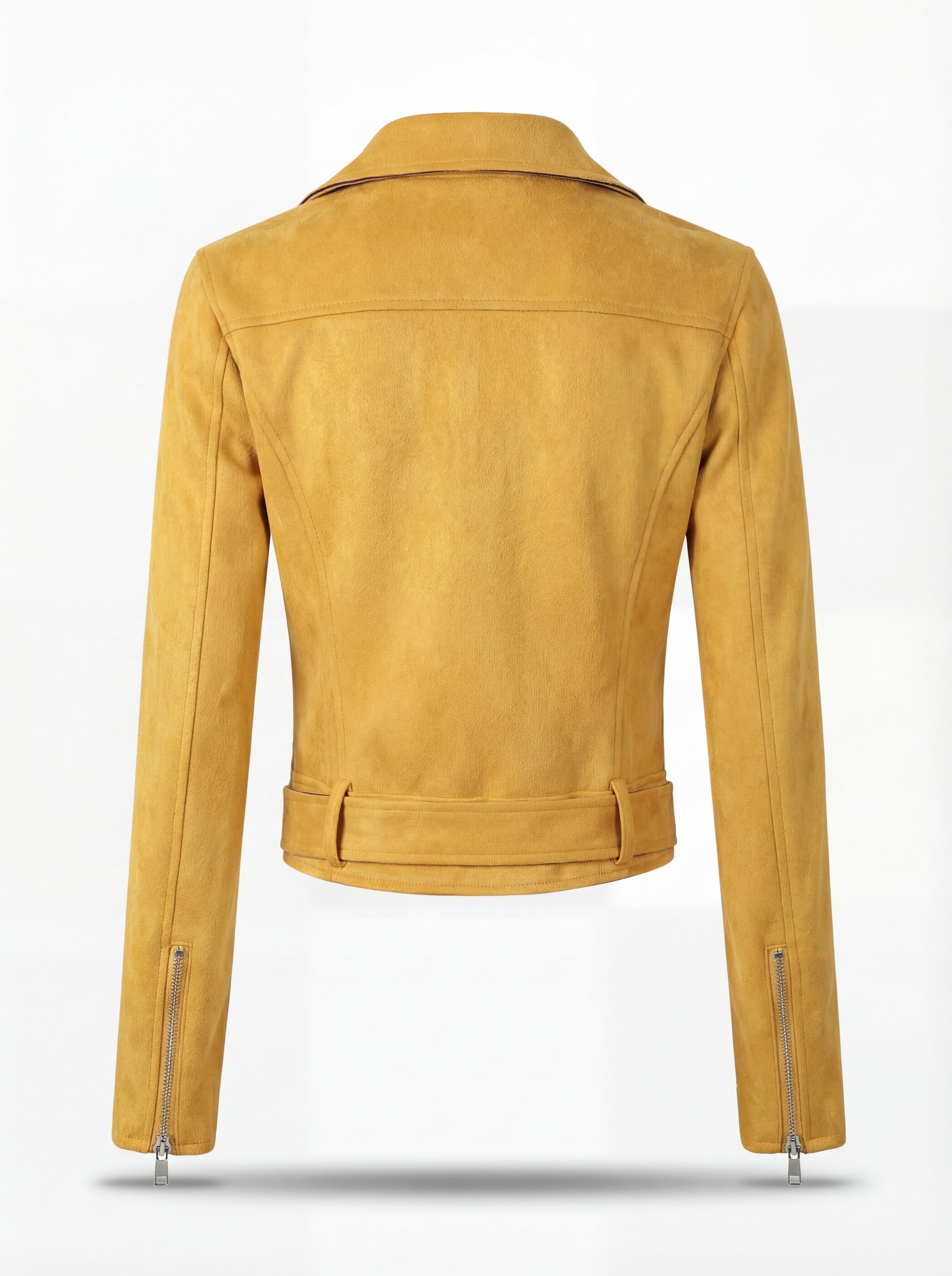 Rear view of yellow suede biker jacket showing horizontal yoke panel and vertical seam construction. The Citrine by Maverick Jacket.