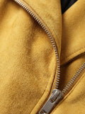 Macro shot of soft yellow suede texture and silver zipper hardware on biker jacket. The Citrine by Maverick Jacket.