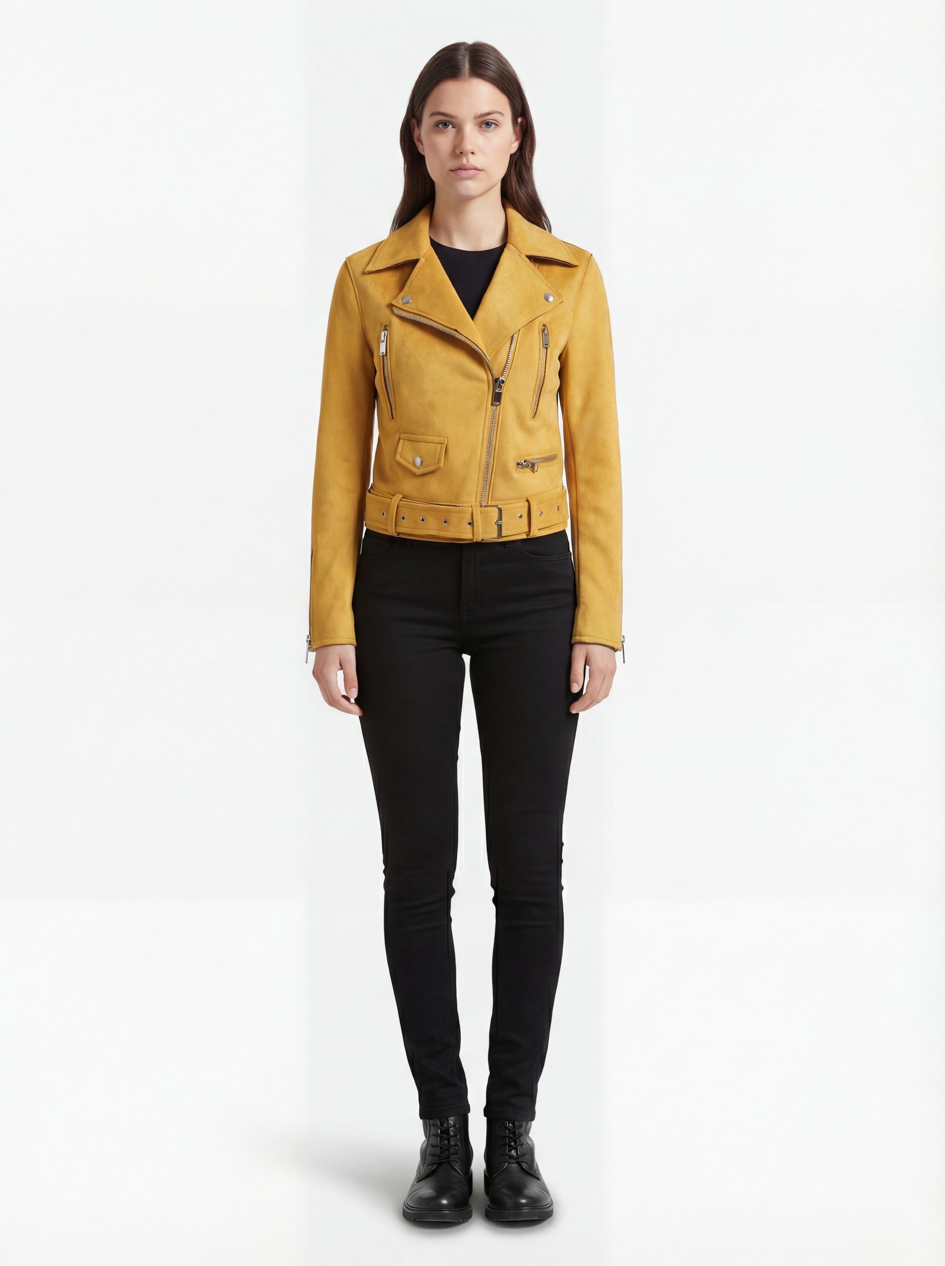 Female model wearing Maverick Citrine suede jacket, cropped fit, styled with black skinny jeans and black leather combat boots. Maverick Jacket.