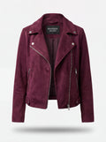 Women's plum purple suede biker jacket with asymmetric silver zipper and notched lapels, Front View. The Amethyst by Maverick Jacket.