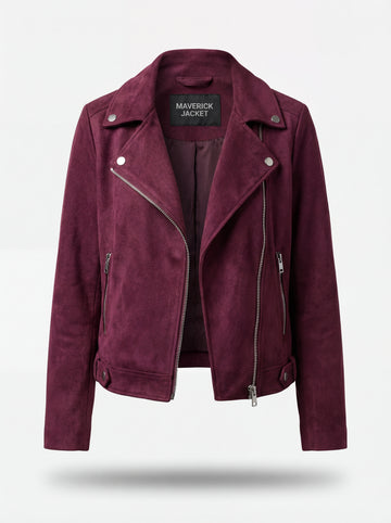Women's plum purple suede biker jacket with asymmetric silver zipper and notched lapels, Front View. The Amethyst by Maverick Jacket.