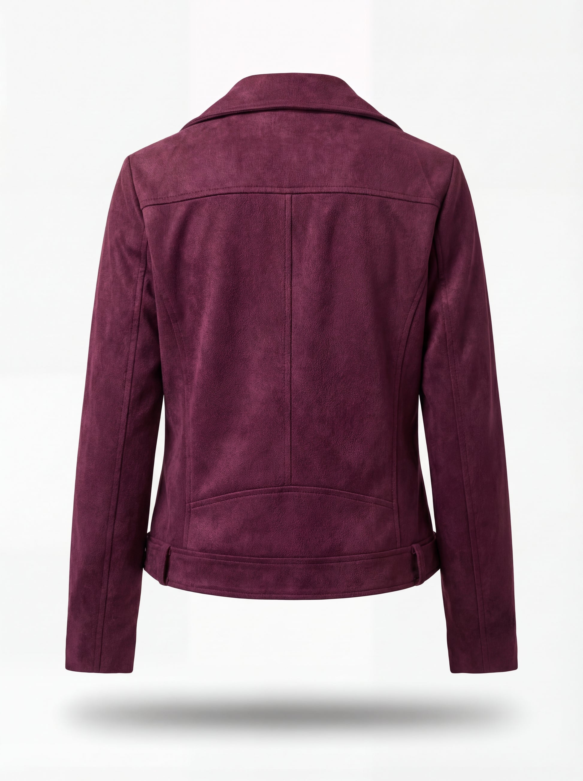 Rear view of plum purple suede biker jacket showing vertical center seam and contoured back paneling. The Amethyst by Maverick Jacket.