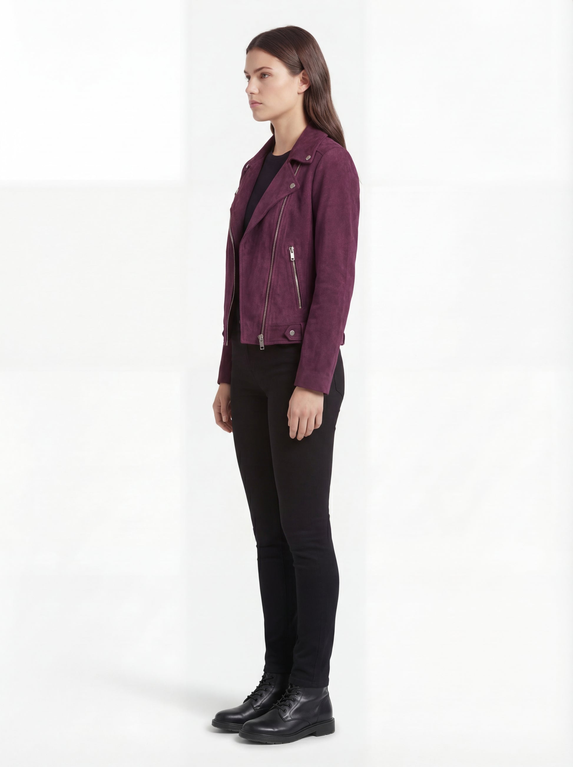 Side profile of Maverick Amethyst suede biker jacket showing zippered sleeve cuffs and cropped silhouette. Maverick Jacket.