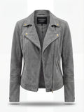 Women's grey suede biker jacket with asymmetric silver zipper and notched lapels, Front View. The Luna by Maverick Jacket.