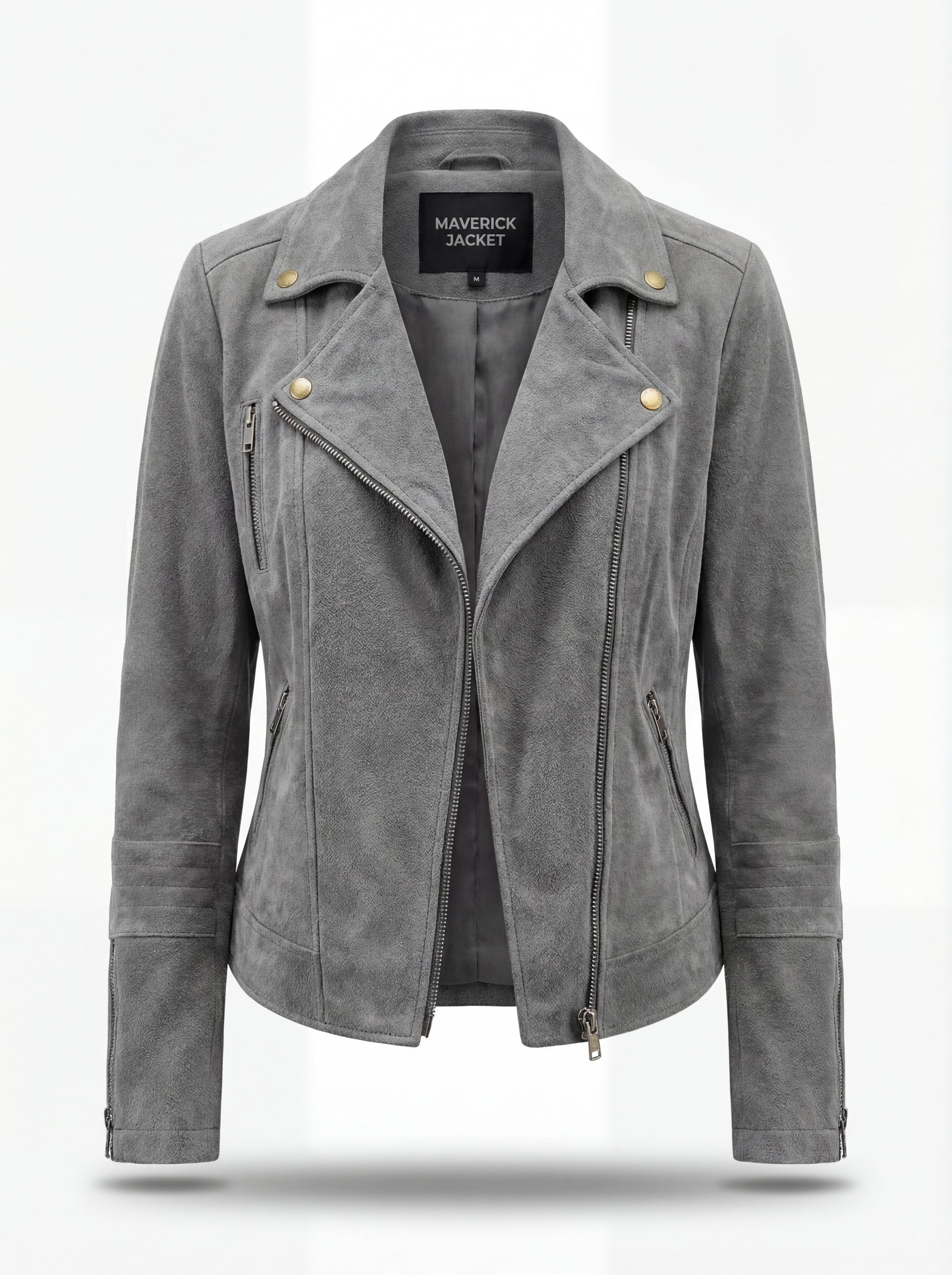 Women's grey suede biker jacket with asymmetric silver zipper and notched lapels, Front View. The Luna by Maverick Jacket.