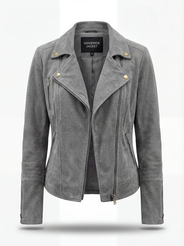 Women's grey suede biker jacket with asymmetric silver zipper and notched lapels, Front View. The Luna by Maverick Jacket.