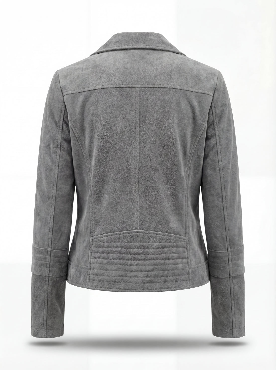 Women's grey suede biker jacket with asymmetric silver zipper and notched lapels, Front View. The Luna by Maverick Jacket.