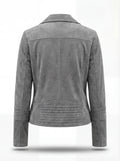 Rear view of grey suede biker jacket showing vertical center seam and quilted lower back paneling. Maverick Jacket Maverick Luna.
