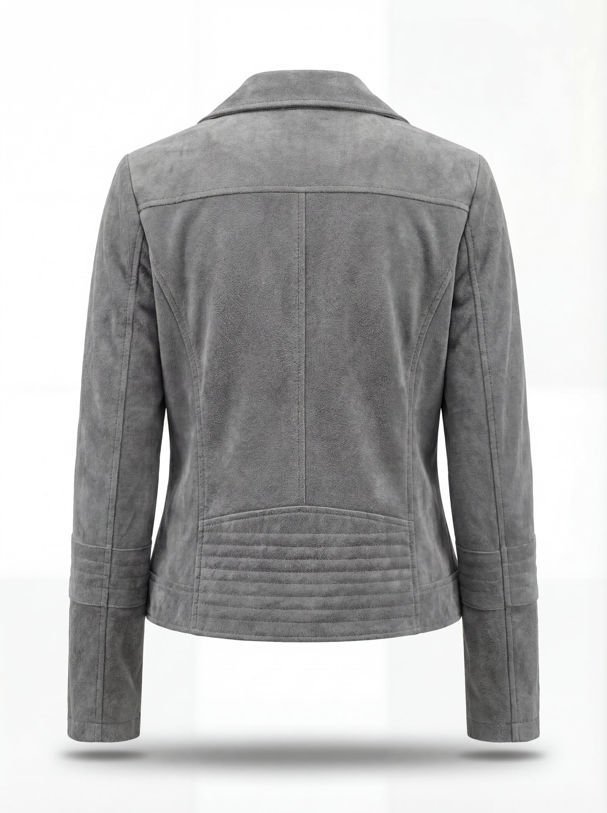 Rear view of grey suede biker jacket showing vertical center seam and quilted lower back paneling. Maverick Jacket Maverick Luna.