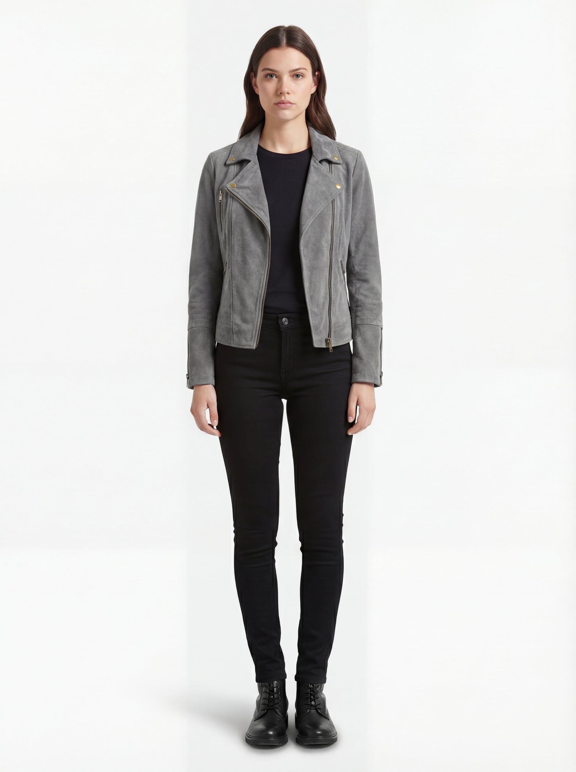 Female model wearing Maverick Luna suede biker jacket, slim fit, styled with black skinny jeans and lace-up boots. Maverick Jacket.