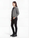 Side profile of Maverick Luna suede biker jacket showing zippered cuffs and slim torso fit. Maverick Jacket.