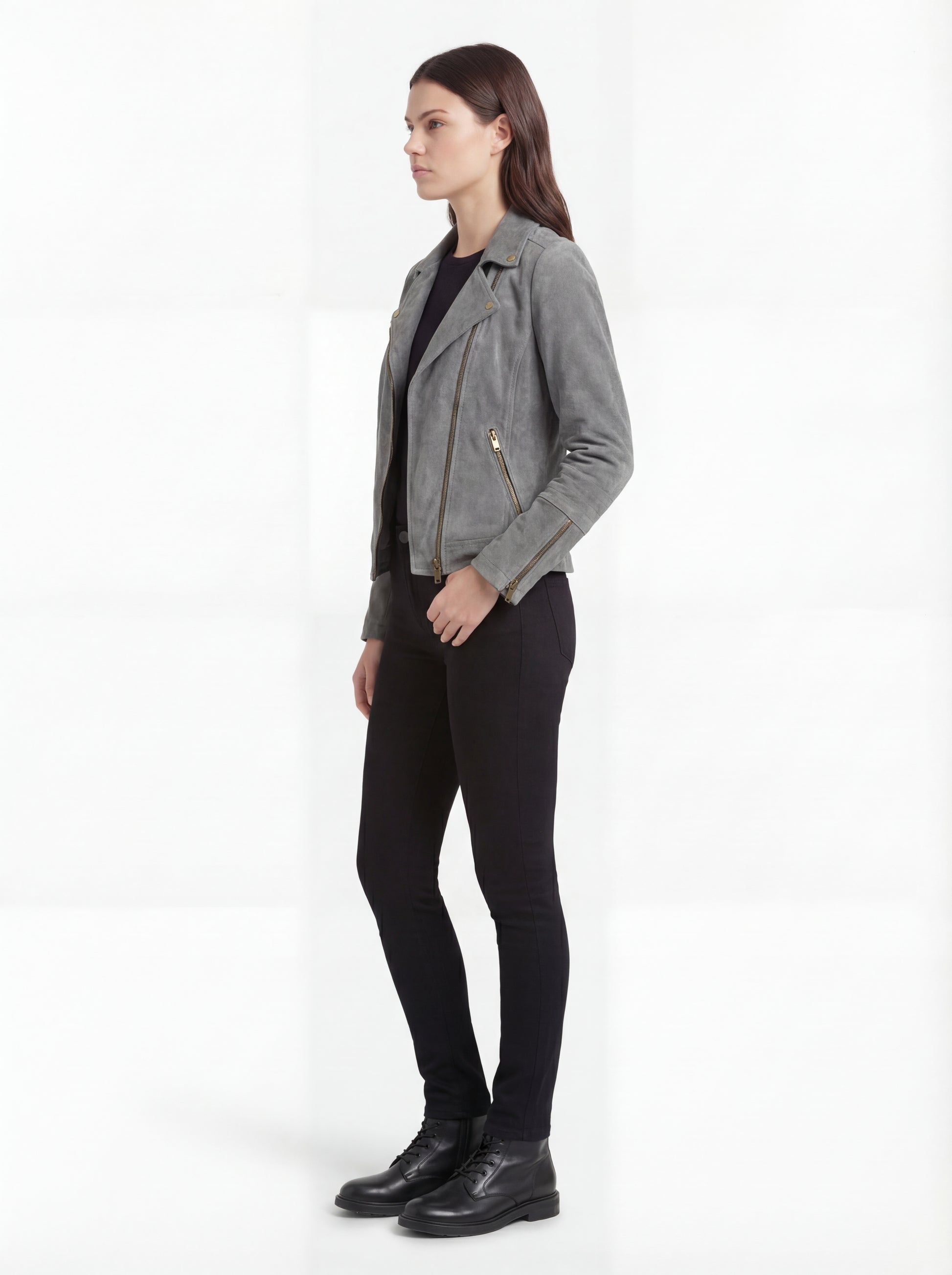 Side profile of Maverick Luna suede biker jacket showing zippered cuffs and slim torso fit. Maverick Jacket.