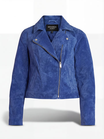 Women's royal blue suede biker jacket with silver asymmetric zipper and snap-button notched lapels, Front View. The Sapphire by Maverick Jacket.
