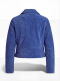 Rear view of royal blue suede biker jacket showing vertical center seam and contoured back paneling. The Sapphire by Maverick Jacket.