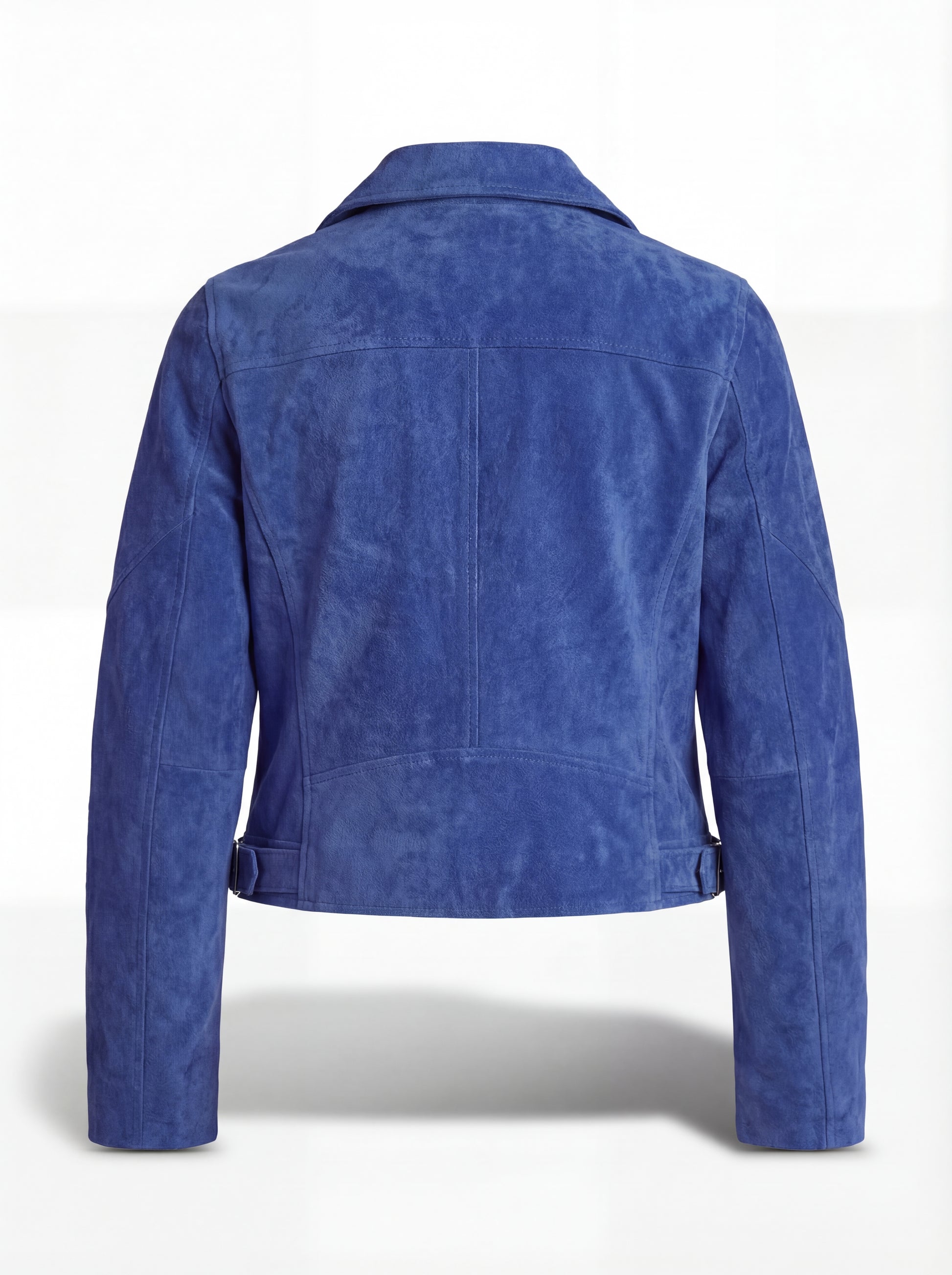 Rear view of royal blue suede biker jacket showing vertical center seam and contoured back paneling. The Sapphire by Maverick Jacket.