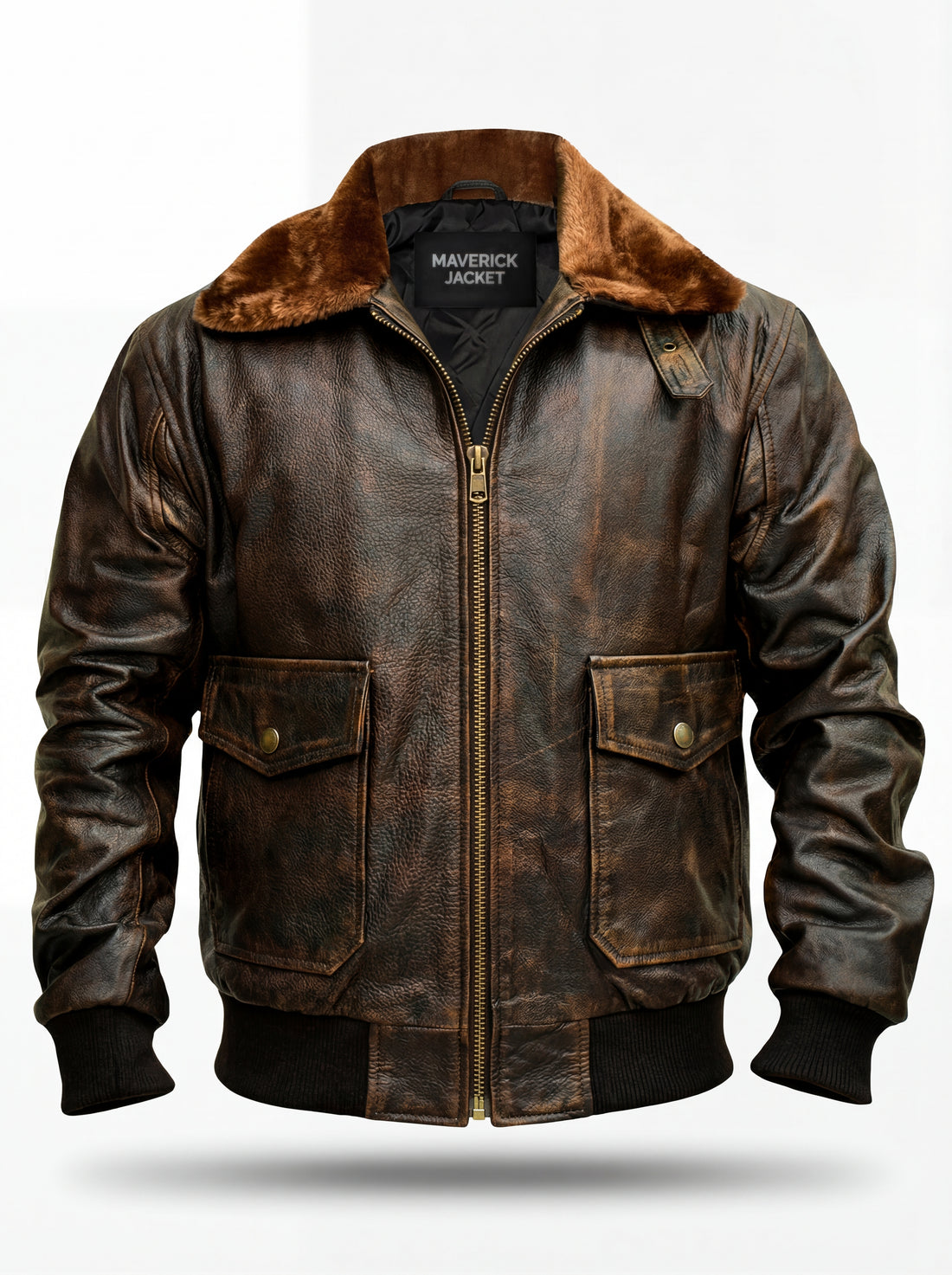 Men's distressed brown leather aviator jacket with brown faux fur collar and ribbed knit hem, Front View. The Corsair by Maverick Jacket.