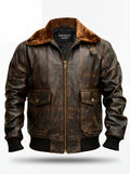 Men's distressed brown leather aviator jacket with brown faux fur collar and ribbed knit hem, Front View. The Corsair by Maverick Jacket.