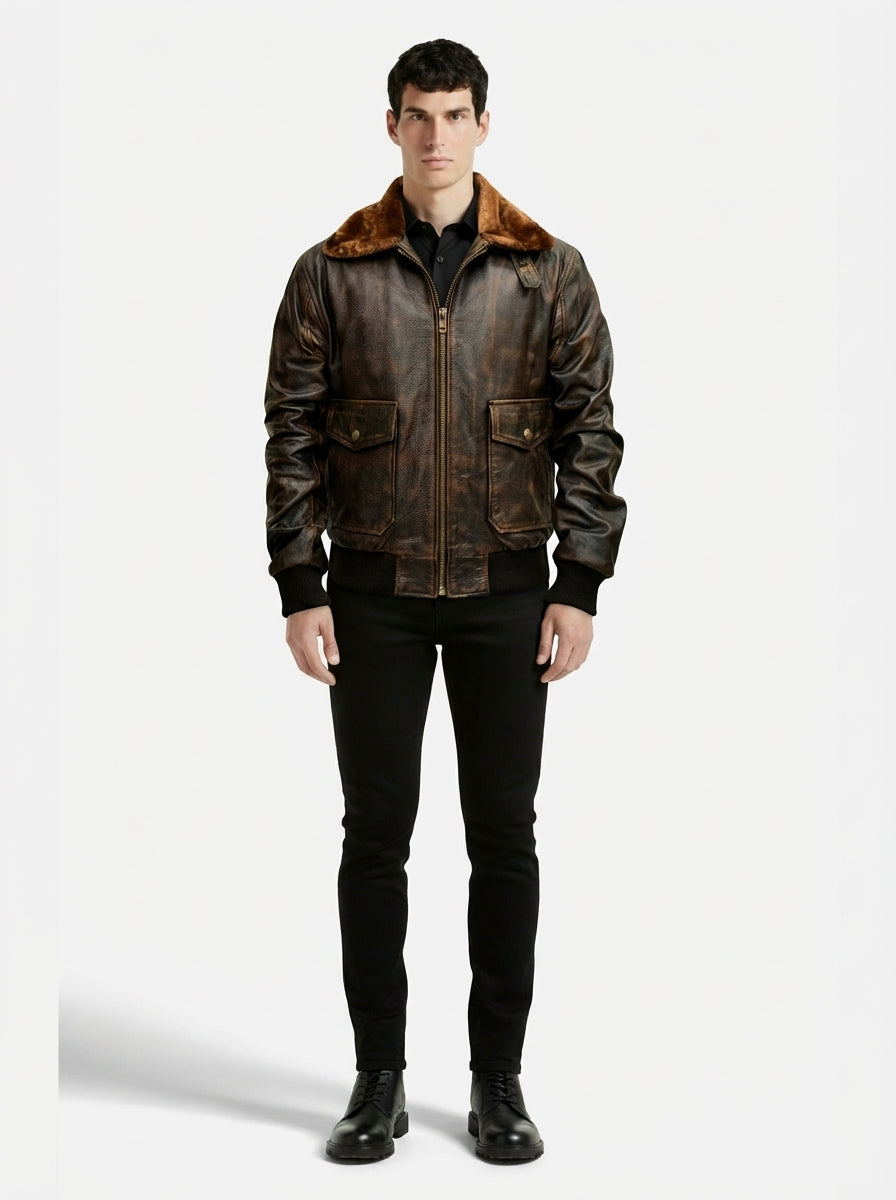 Male model wearing Maverick Corsair aviator jacket, classic bomber fit, styled with black button-down shirt and black skinny jeans. Maverick Jacket.