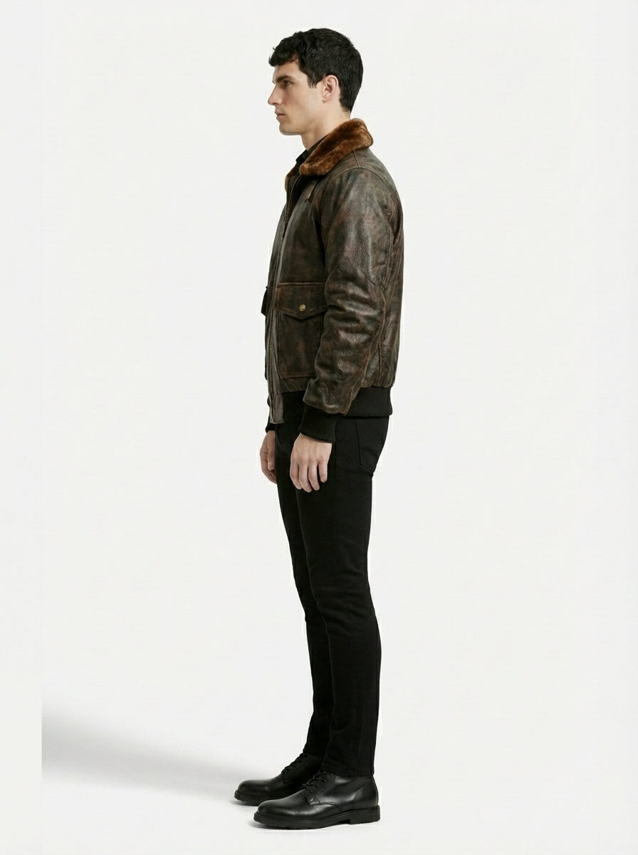 Side profile of Maverick Corsair aviator jacket showing ribbed cuff structure and relaxed bomber silhouette. Maverick Jacket.