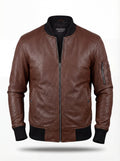 Men's brown textured leather bomber jacket with ribbed knit collar and zippered sleeve utility pocket, Front View. The Stratus by Maverick Jacket.