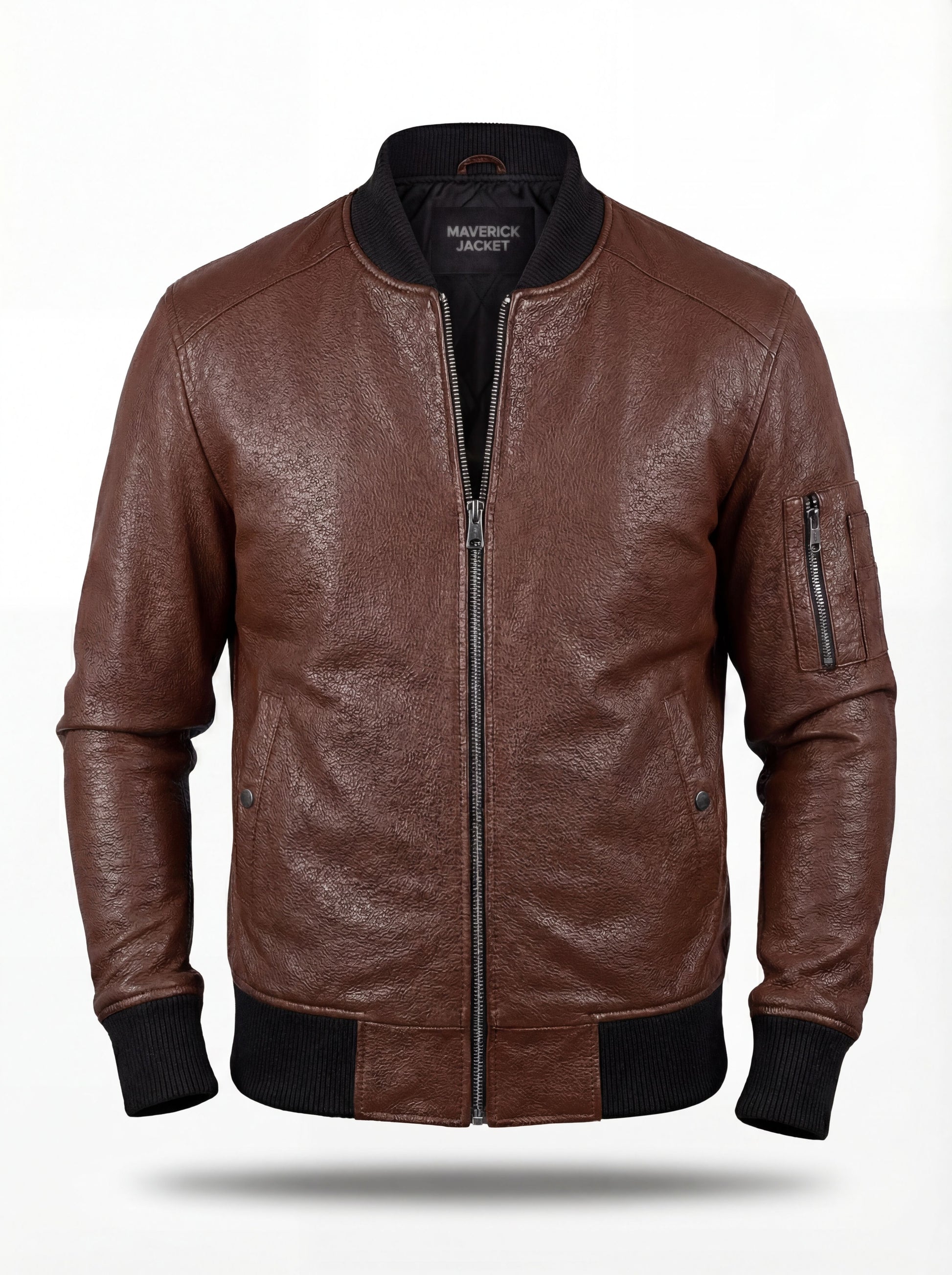 Men's brown textured leather bomber jacket with ribbed knit collar and zippered sleeve utility pocket, Front View. The Stratus by Maverick Jacket.