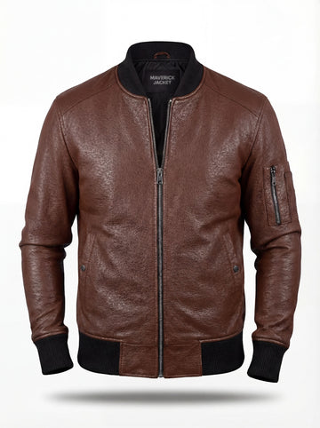 Men's brown textured leather bomber jacket with ribbed knit collar and zippered sleeve utility pocket, Front View. The Stratus by Maverick Jacket.