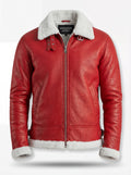 Men's Red Leather Shearling B3 Jacket with white fur collar and double buckle throat straps, Front View. The Inferno by Maverick Jacket.