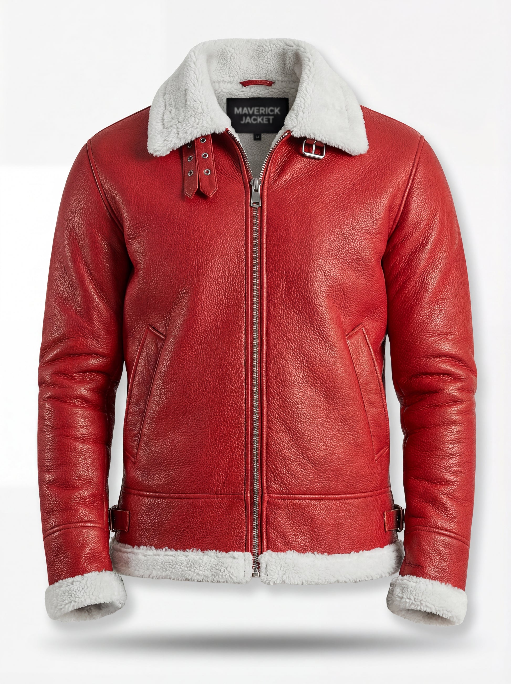 Men's Red Leather Shearling B3 Jacket with white fur collar and double buckle throat straps, Front View. The Inferno by Maverick Jacket.