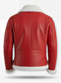 Rear view of Red Leather Shearling B3 Jacket showing vertical center seam and adjustable side waist buckles. The Inferno by Maverick Jacket.