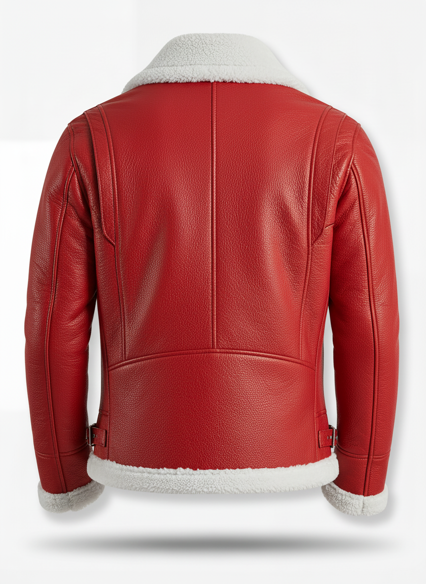 Rear view of Red Leather Shearling B3 Jacket showing vertical center seam and adjustable side waist buckles. The Inferno by Maverick Jacket.