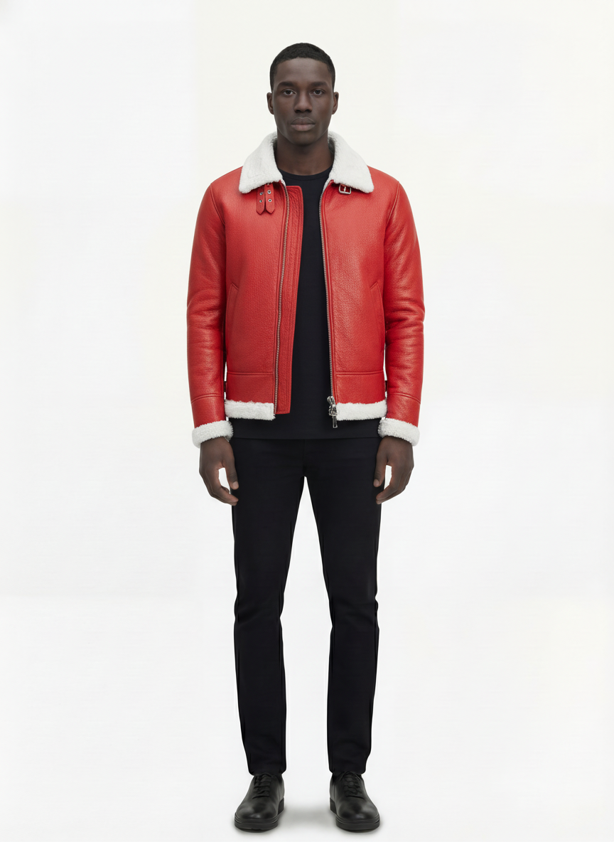 Male model wearing Maverick Inferno B3 shearling jacket, regular fit, styled with black crewneck t-shirt and black slim-fit trousers. Maverick Jacket.