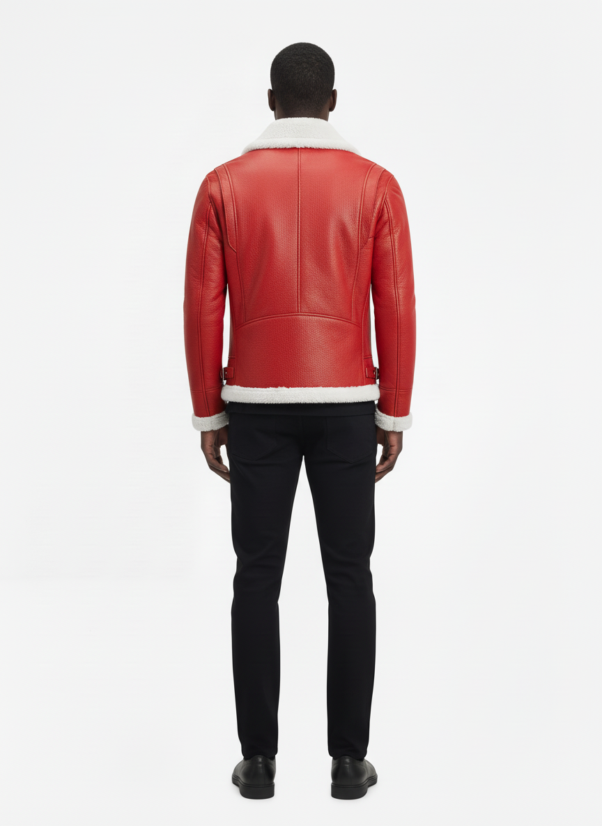 Rear view of male model wearing Maverick Inferno B3 shearling jacket showing broad shoulder fit and shearling-trimmed hem styling. Maverick Jacket.
